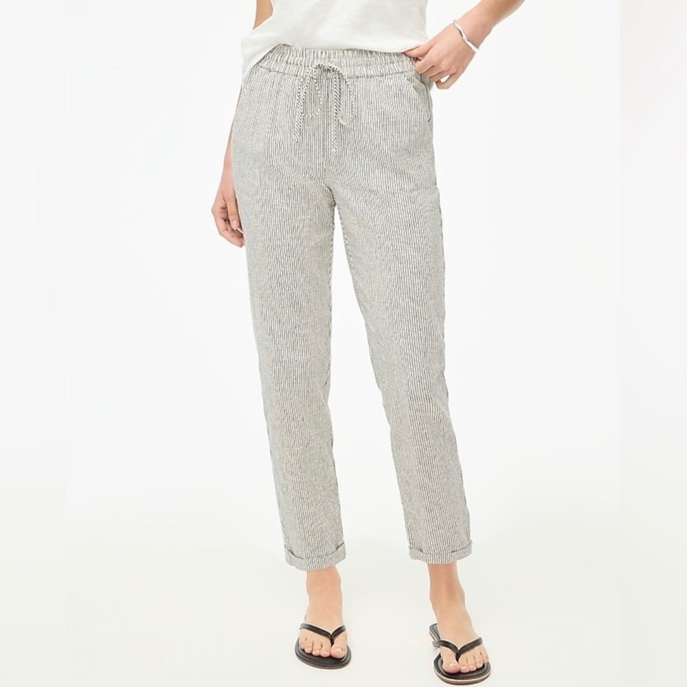 J.Crew Black White Pinstriped Cotton Linen Drawstring Cuffed Pants Pockets 6 Sml